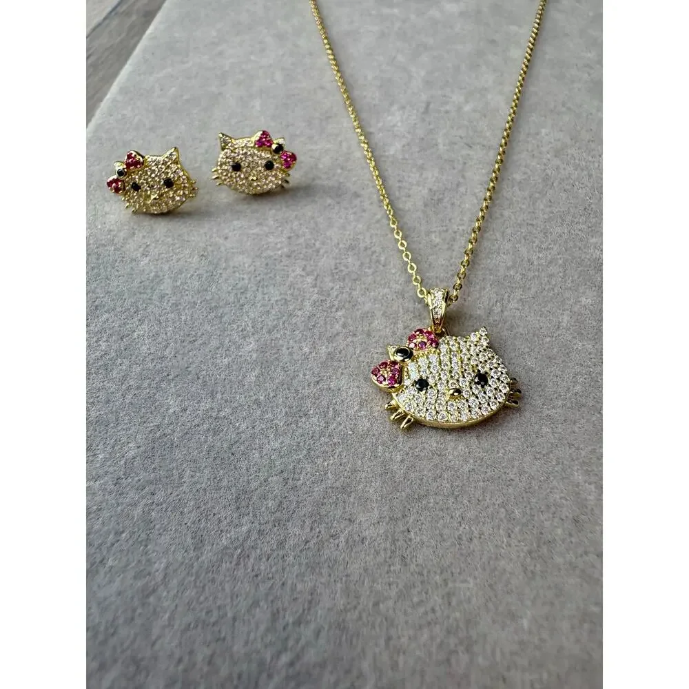 Hello Kitty Moissanite Necklace & Earring Set - Vermeil over 925 - Picture 1 of 7